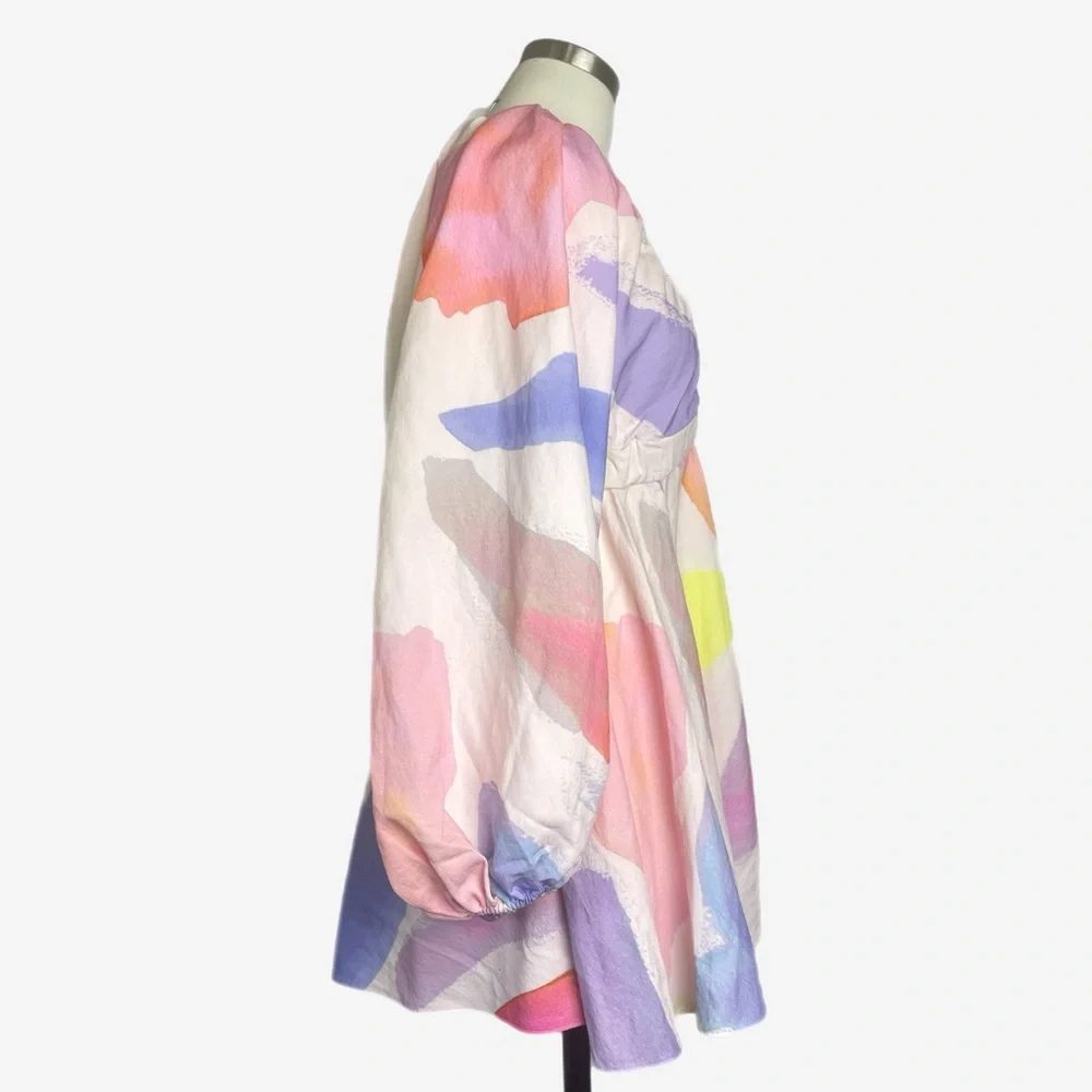 ASOS Structured batwing balloon sleeve mini dress watercolor abstract print 4 - Picture 3 of 10